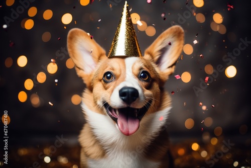 A Happy Dog in new year party festival. Generative AI photo