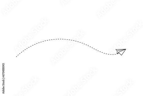 Paper plane with dotted line, paper airplane, travel symbol,  isolated vector illustration.