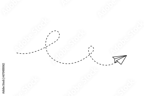 Paper plane with dotted line, paper airplane, travel symbol,  isolated vector illustration.