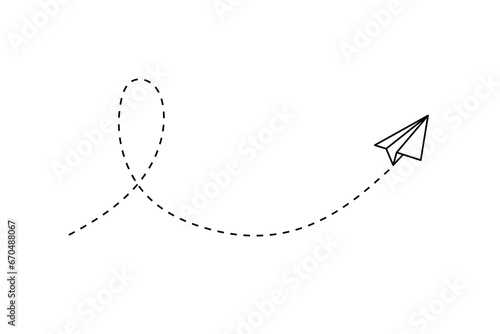 Paper plane with dotted line, paper airplane, travel symbol,  isolated vector illustration.
