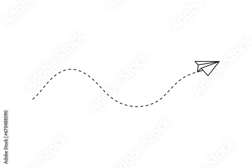 Paper plane with dotted line, paper airplane, travel symbol,  isolated vector illustration.