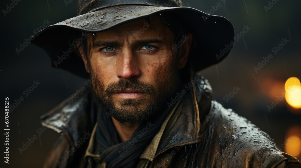 Portrait of a cowboy in western movie style. Rainy weather, bokeh background.