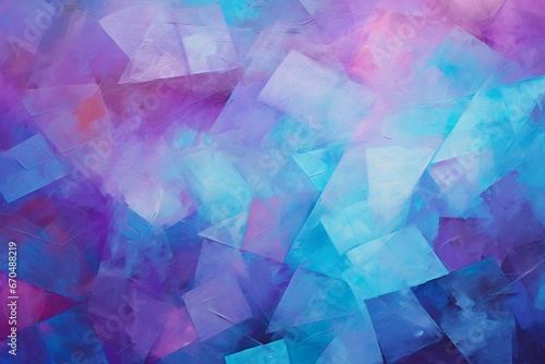 カラフルな抽象油絵背景バナー）青・水色・紫の三角と四角を使ったデザイン