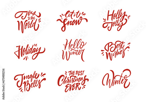 Merry Christmas phrase set. Red color sign vector art.
