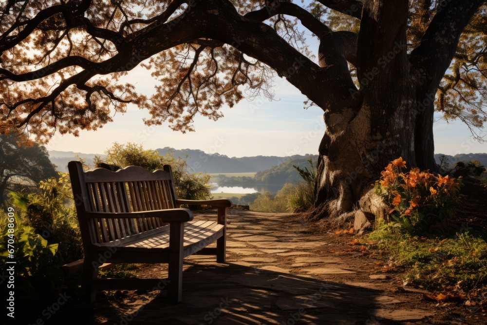 Front yard bench where one can sit and enjoy the view, Generative AI