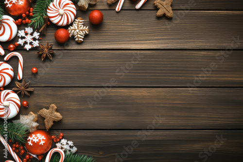 WOODEN BACKGROUND WITH CHRISTMAS DECORATIONS.