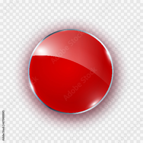 Red glass button isolated on transparent background. Vector blank badge, label, pin brooch mockup. 3d circle shape magnet, round tag, plastic disc