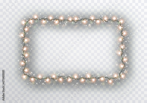 Lights bulbs frame isolated on transparent background. Glowing fairy Christmas garland string border. Vector New Year party led lamps decoration