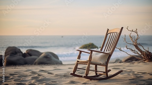 A singular rocking chair, evoking memories of a bygone era, set against a serene beach backdrop.