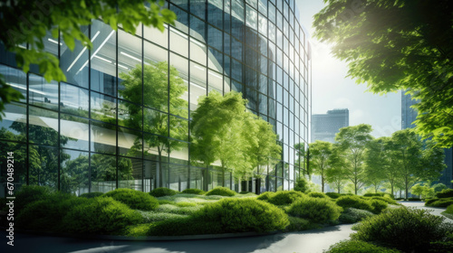 Green environment ,office building with tree for reducing carbon dioxide.