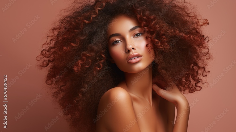 Fototapeta premium Beautiful young african american woman with long curly hair. Generative AI