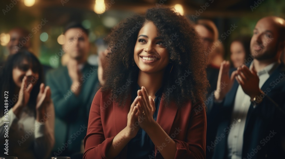 Beautiful african american businesswoman applauding in conference room Generative AI