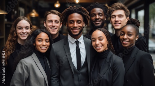 multiethnic businesspeople standing together and smiling at camera in office Generative AI photo