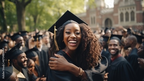 Young african american woman in graduation cap with group of graduates Generative AI