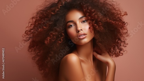 Beautiful young african american woman with long curly hair. Generative AI