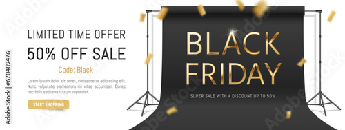 Black Friday Sale horizontal vector banner with golden 3d premium logo. Fashion, beauty design template. 50% off sale. Falling gold confetti isolated on white background. Photo studio black background