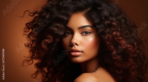Beautiful african american woman with long curly hair. Portrait of fashion model Generative AI