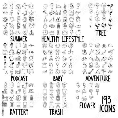 Set of doodles vector icon Summer, Healthy Lifestyle, Tree, Podcast, Baby, Adventure, Battery, Trash, Flower eps10