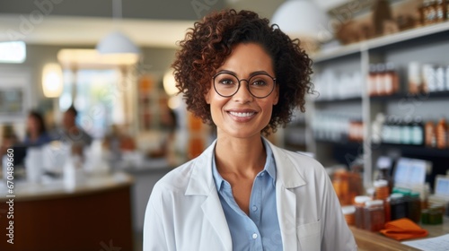 happy african american pharmacist in eyeglasses at pharmacy Generative AI photo