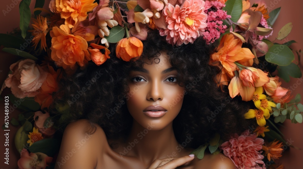Beautiful african american woman with afro hairstyle and flowers Generative AI