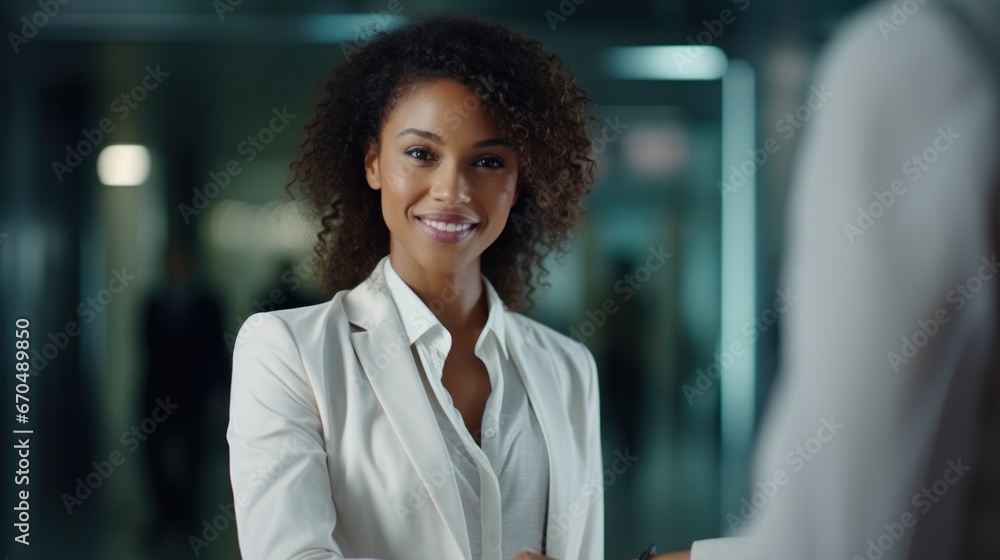 Portrait of a smiling african american businesswoman in office Generative AI Portrait of a smiling african american businesswoman in office Generative AI