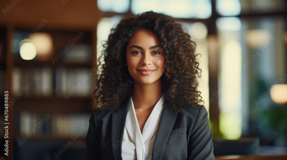 business and office concept - smiling businesswoman with curly hair in office Generative AI business and office concept - smiling businesswoman with curly hair in office Generative AI