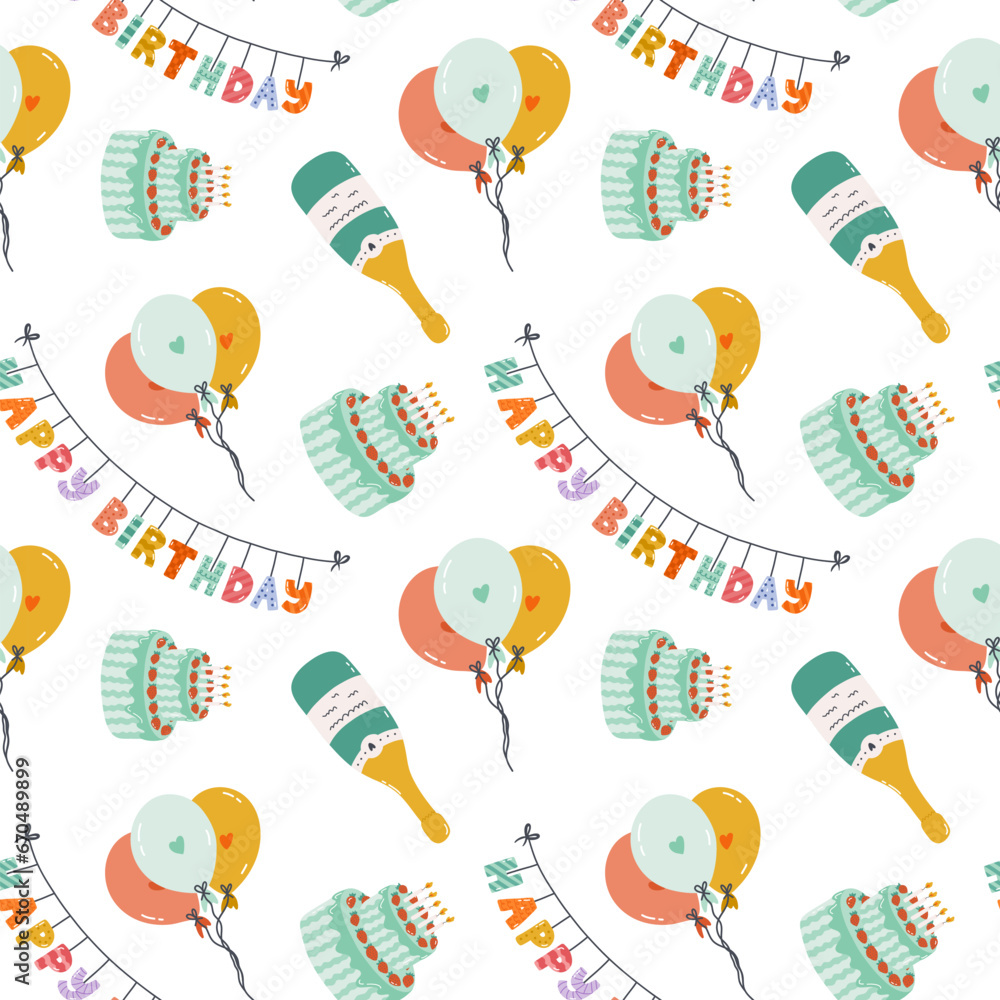 Seamless pattern with birthday garland, cake, balloon, champagne in cute doodle style. Childish design with holiday clipart for wrapping paper, print, fabric, scrapbook. Bright festive background. Seamless pattern with birthday garland, cake, balloon, champagne in cute doodle style. Childish design with holiday clipart for wrapping paper, print, fabric, scrapbook. Bright festive background.