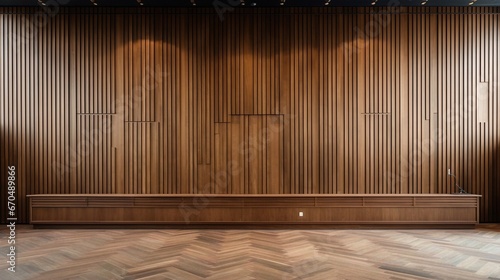 Panoramic wood background featuring brown acoustic panels, soundproofing, architectural design, room with wooden floor