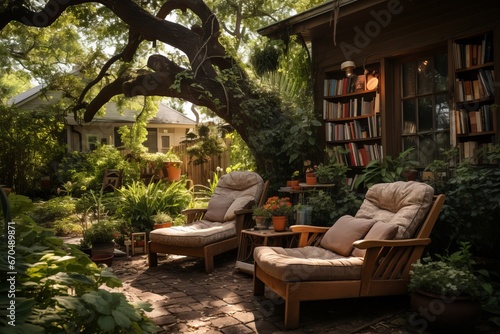 Front yard with a cozy reading nook under a shady tree  Generative AI