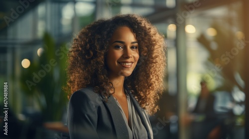 Beautiful african american businesswoman with afro hairstyle in office Generative AI © Alex
