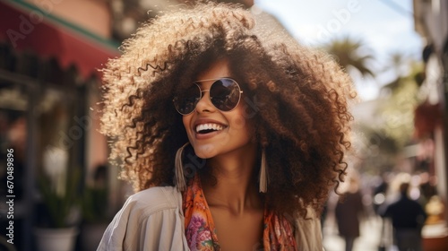 Beautiful young african american woman with afro hairstyle and sunglasses smiling. Generative AI