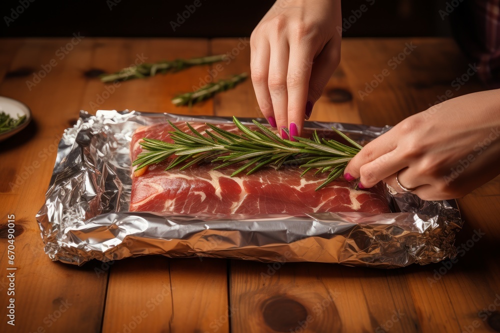 Woman wrapping meat with rosemary in aluminum foil. Raw food pack with culinary herb. Generate Ai - obrazy, fototapety, plakaty 