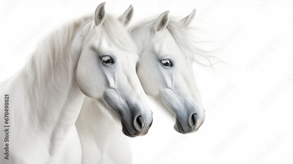 A Majestic Pair: White Stallion and Mare Galloping in a Group of Domestic Animals generated by AI tool 