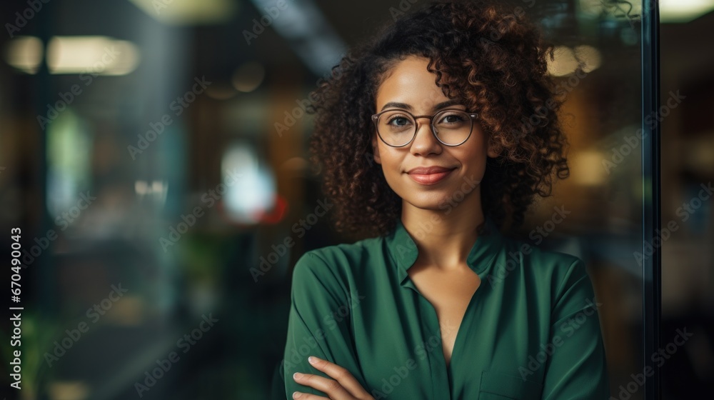 Portrait of a beautiful african american businesswoman wearing glasses. Generative AI Portrait of a beautiful african american businesswoman wearing glasses. Generative AI