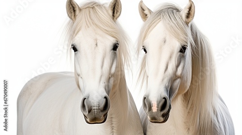 A Majestic Pair  White Stallion and Mare Galloping in a Group of Domestic Animals generated by AI tool 