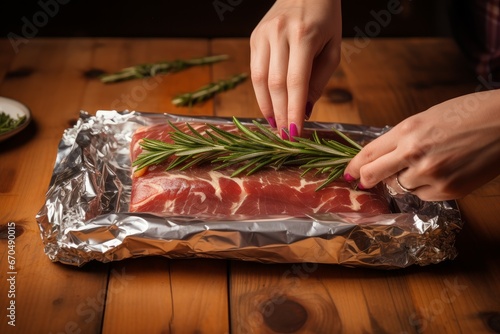 Woman wrapping meat with rosemary in aluminum foil. Raw food pack with culinary herb. Generate Ai photo
