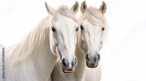 A Majestic Pair  White Stallion and Mare Galloping in a Group of Domestic Animals generated by AI tool 