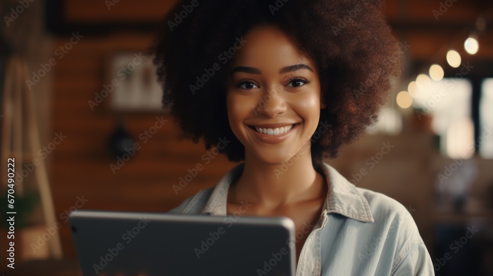 Portrait of a smiling african american woman using tablet computer in cafe Generative AI Portrait of a smiling african american woman using tablet computer in cafe Generative AI