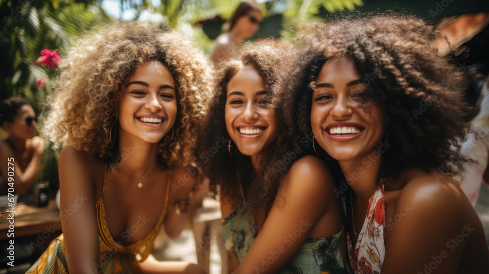 Portrait of a group of beautiful young women with afro hairstyle smiling and looking at the camera. Generative AI
