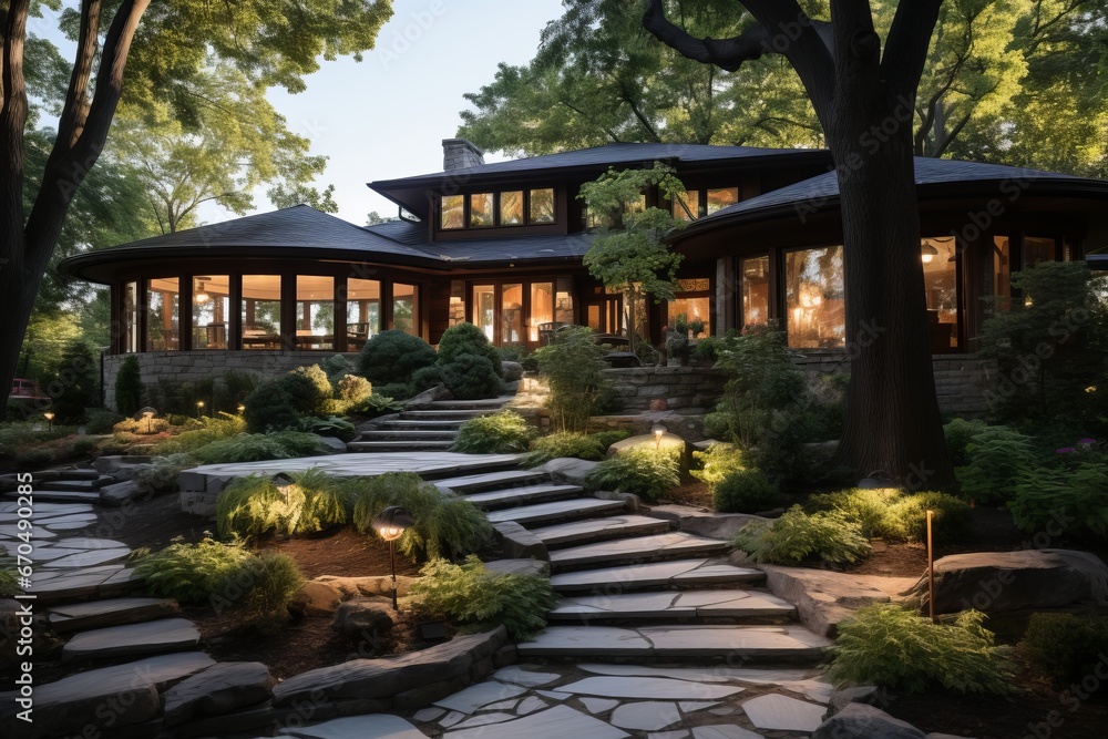 Front yard with a winding stone pathway leading to the entrance, Generative AI Front yard with a winding stone pathway leading to the entrance, Generative AI