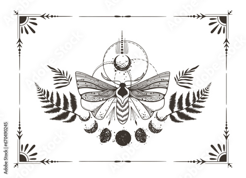 Mystical moon phases and night moth clipart in black color elegant frame, magic celestial insect and moon silhouettes in vector, unreal hand drawn butterfly, isolated element