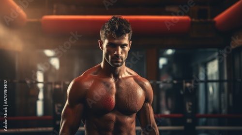 Portrait of a handsome young man with muscular body posing in gym Generative AI
