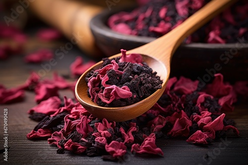 Wooden spoon with dry hibiscus tea closeup. Medicine color organic drink natural. Generate Ai