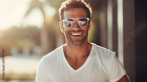 Handsome young man in sunglasses smiling and looking at camera while standing outdoors Generative AI