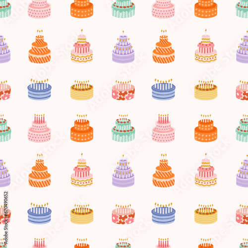 Seamless pattern with birthday cake with candles in cute doodle style. Childish design with holiday clipart for wrapping paper  print  fabric  scrapbook. Bright festive background for kids.