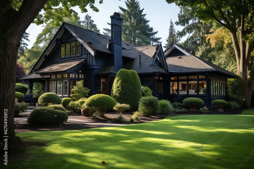 Well-manicured front lawn with vibrant green grass, Generative AI Well-manicured front lawn with vibrant green grass, Generative AI