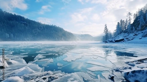 Misty Winter Landscape with Frozen Lake and Snow-Covered Mountains generated by AI tool 