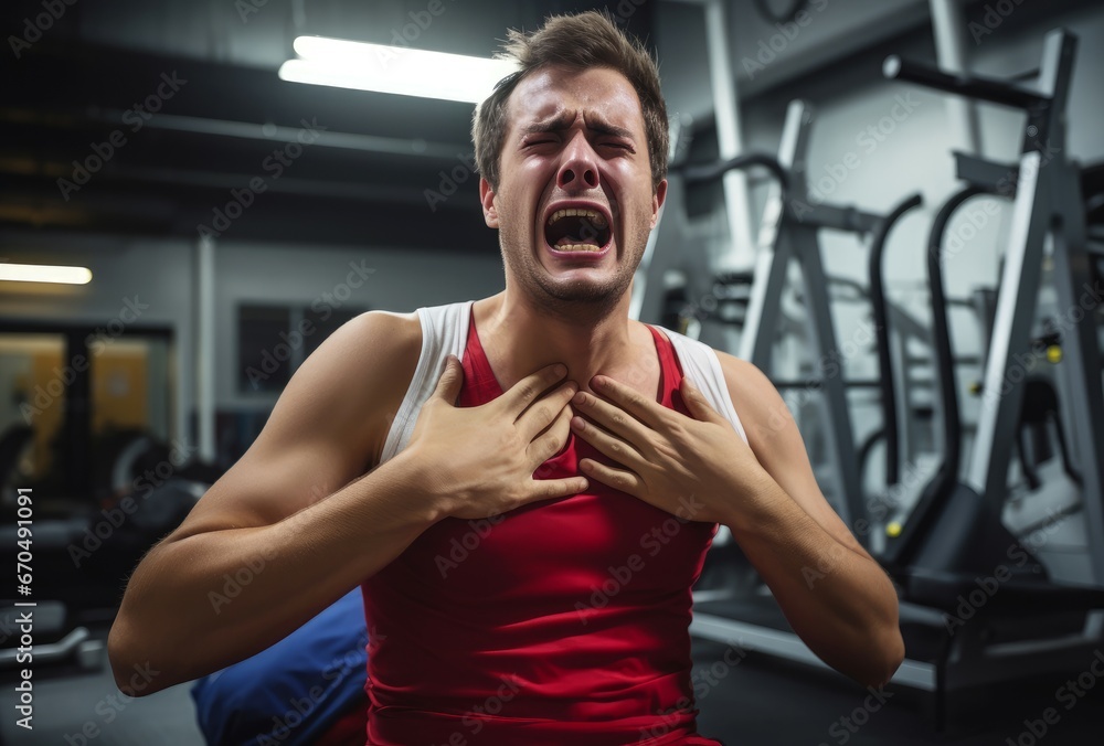 Young man having heart attack in gym. Person infarct accident sick male. Generate Ai Young man having heart attack in gym. Person infarct accident sick male. Generate Ai