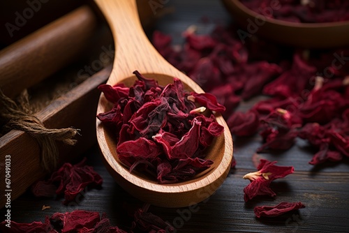 Wooden spoon with dry hibiscus tea detox. Organic natural drink herb. Generate Ai