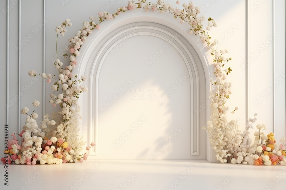 white room with an arch and flowers on the wall wedding or event background